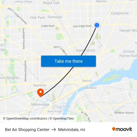 Bel Air Shopping Center to Melvindale, mi map