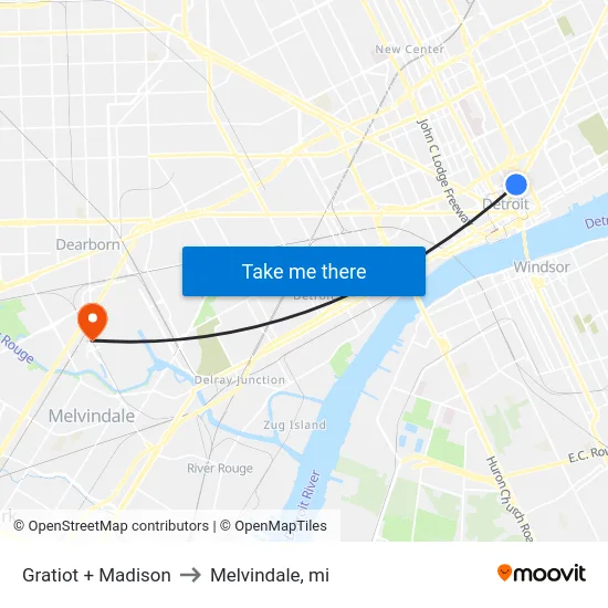 Gratiot + Madison to Melvindale, mi map