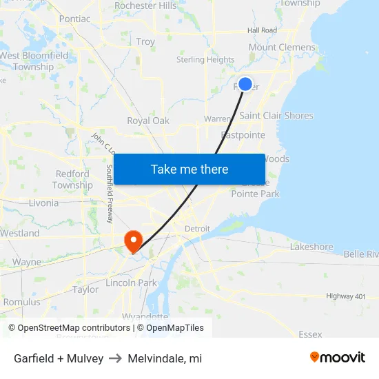 Garfield + Mulvey to Melvindale, mi map