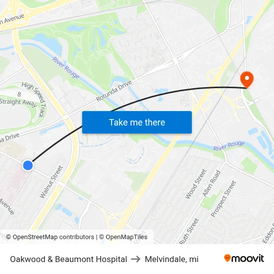 Oakwood @ Corewell Dearborn Hospital to Melvindale, mi map