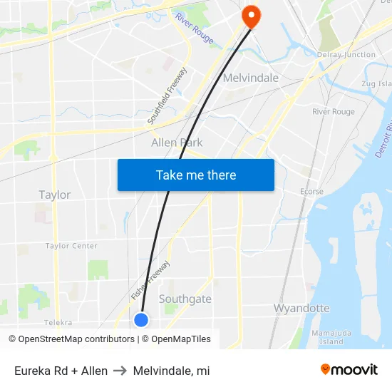Eureka Rd + Allen to Melvindale, mi map