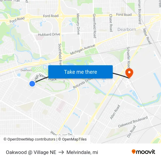 Oakwood @ Village NE to Melvindale, mi map