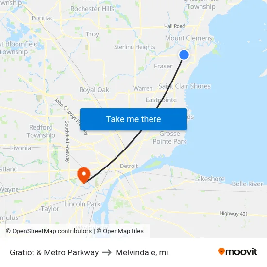 Gratiot & Metro Parkway to Melvindale, mi map