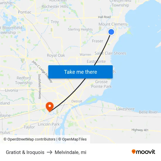 Gratiot & Iroquois to Melvindale, mi map