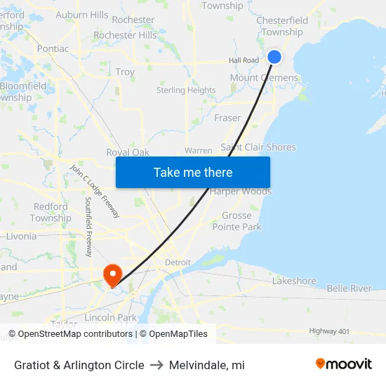Gratiot & Arlington Circle to Melvindale, mi map
