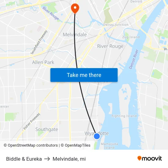 Biddle & Eureka to Melvindale, mi map