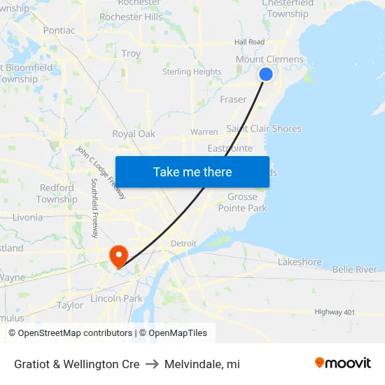 Gratiot & Wellington Cre to Melvindale, mi map