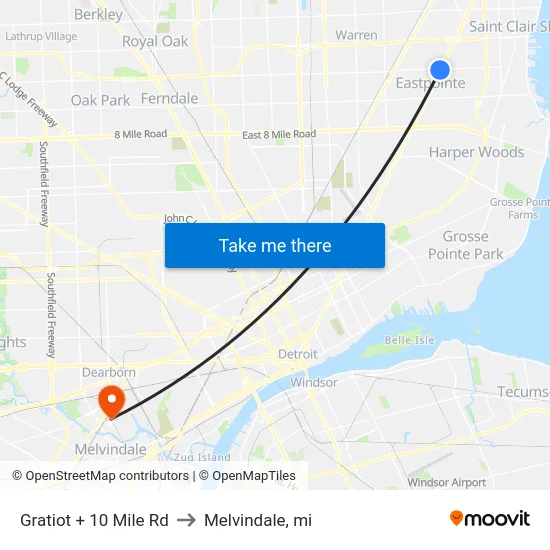 Gratiot + 10 Mile Rd to Melvindale, mi map