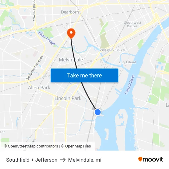 Southfield + Jefferson to Melvindale, mi map