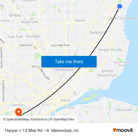 Harper + 13 Mile Rd to Melvindale, mi map