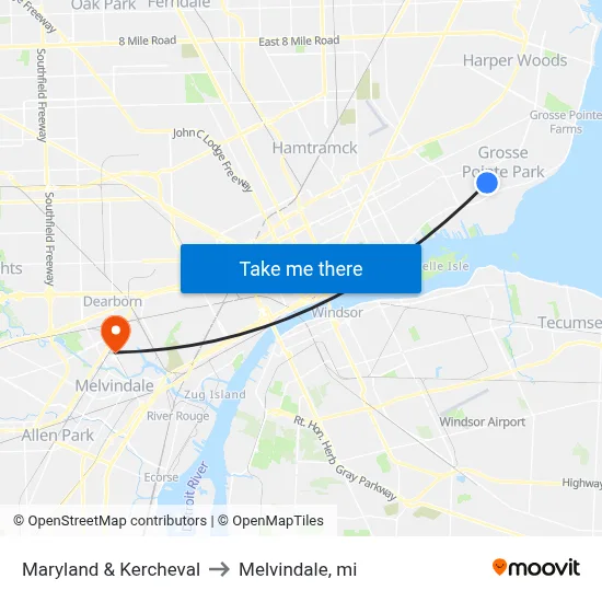 Maryland & Kercheval to Melvindale, mi map