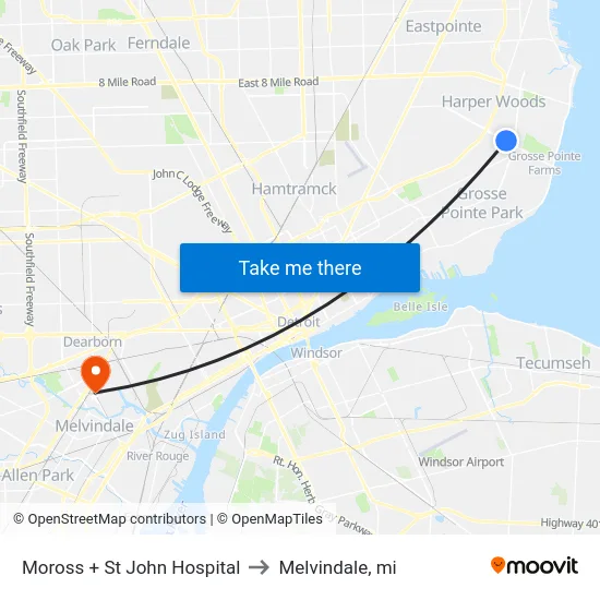 Moross + St John Hospital to Melvindale, mi map