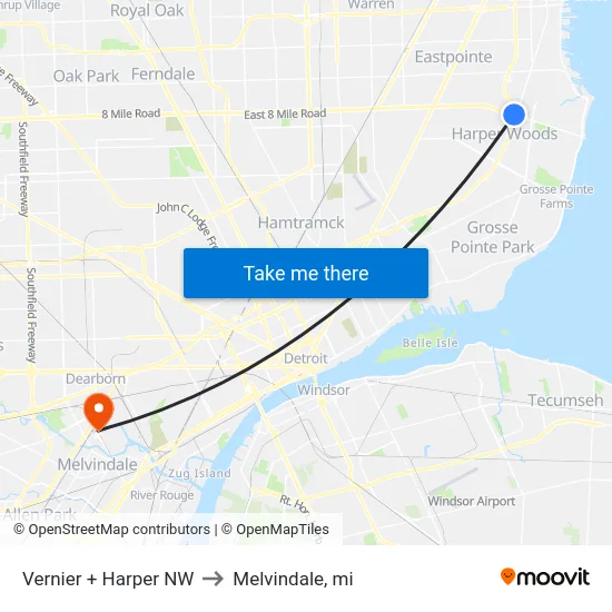 Vernier + Harper NW to Melvindale, mi map