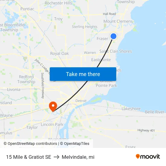 15 Mile & Gratiot SE to Melvindale, mi map