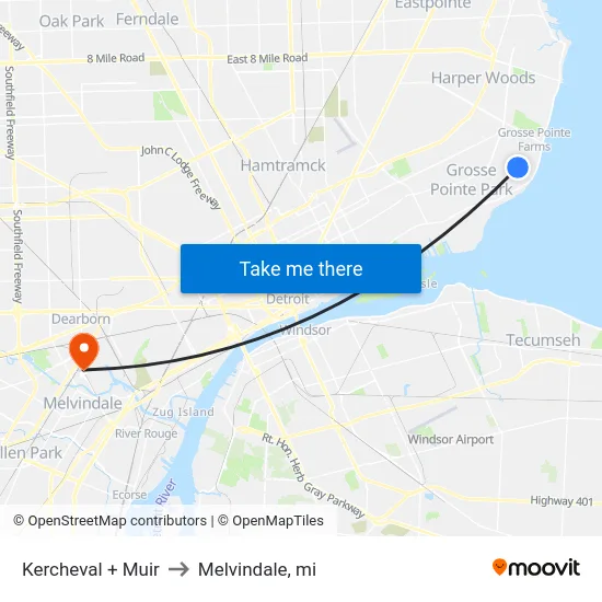 Kercheval + Muir to Melvindale, mi map