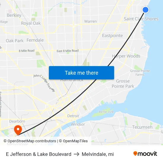 E Jefferson & Lake Boulevard to Melvindale, mi map