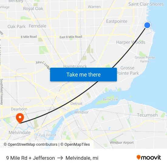 9 Mile Rd + Jefferson to Melvindale, mi map