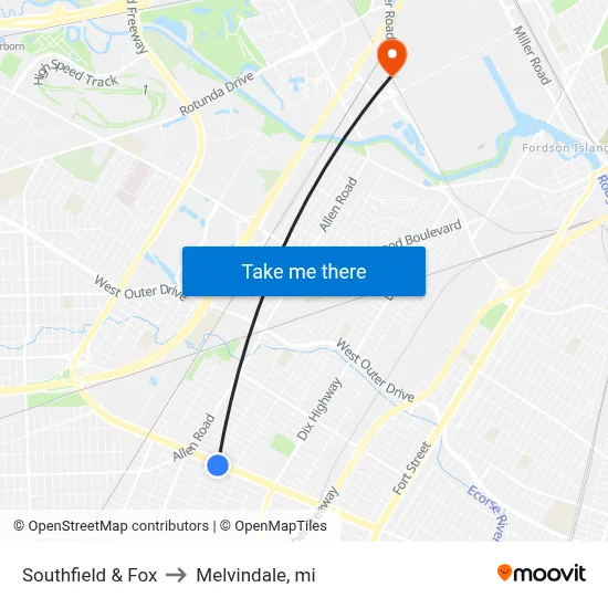 Southfield & Fox to Melvindale, mi map
