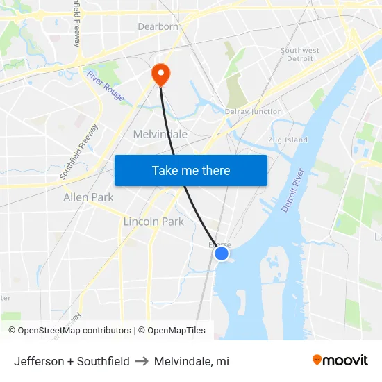 Jefferson + Southfield to Melvindale, mi map