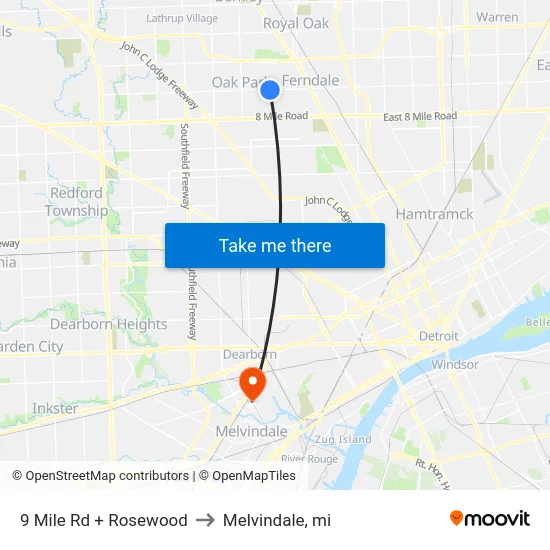 9 Mile Rd + Rosewood to Melvindale, mi map
