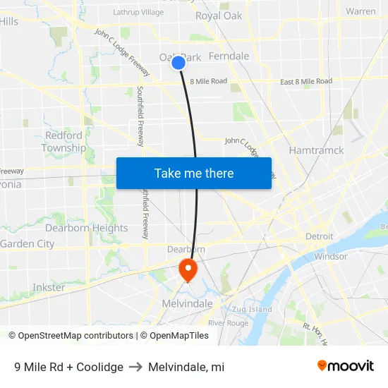 9 Mile Rd + Coolidge to Melvindale, mi map