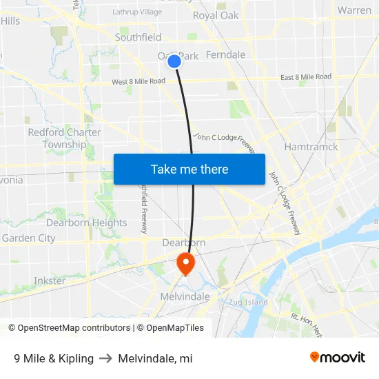 9 Mile & Kipling to Melvindale, mi map