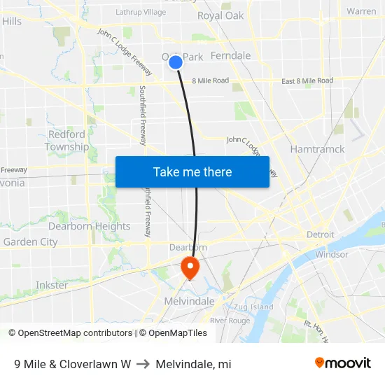 9 Mile & Cloverlawn W to Melvindale, mi map