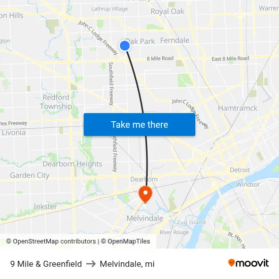 9 Mile & Greenfield to Melvindale, mi map