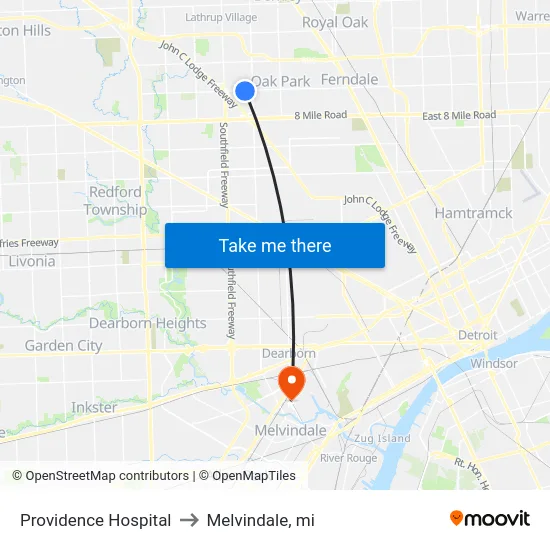 Providence Hospital to Melvindale, mi map