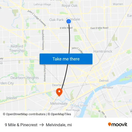 9 Mile & Pinecrest to Melvindale, mi map