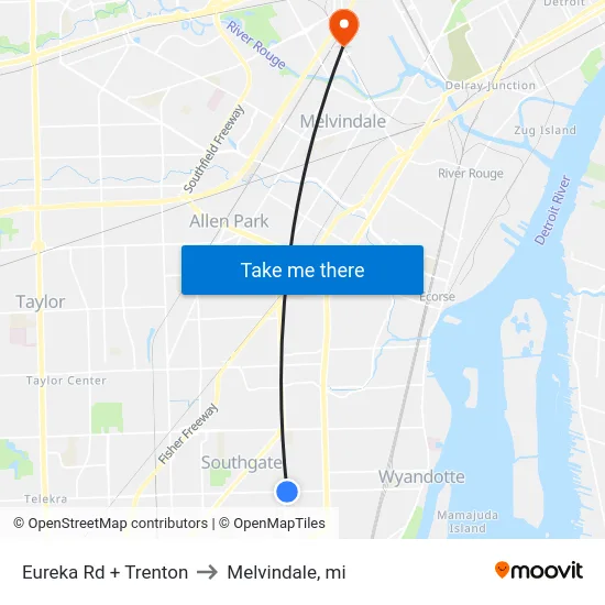 Eureka Rd + Trenton to Melvindale, mi map