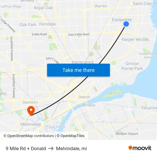 9 Mile Rd + Donald to Melvindale, mi map