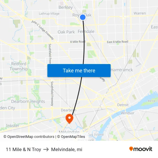 11 Mile & N Troy to Melvindale, mi map