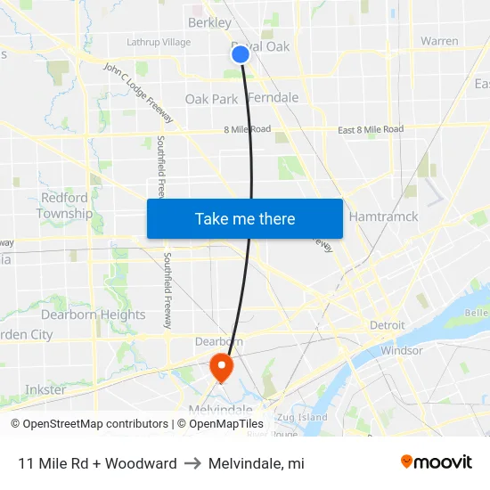 11 Mile Rd + Woodward to Melvindale, mi map