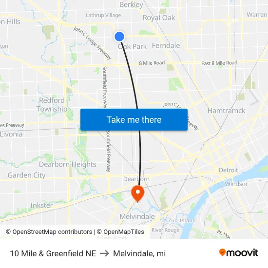 10 Mile & Greenfield NE to Melvindale, mi map