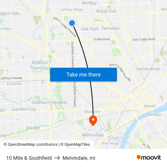 10 Mile & Southfield to Melvindale, mi map
