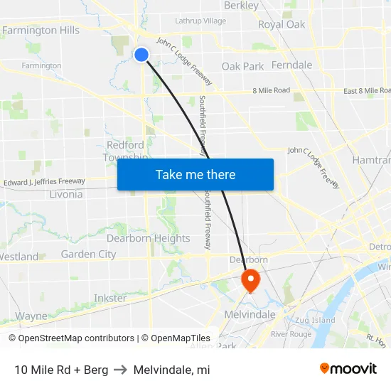 10 Mile Rd + Berg to Melvindale, mi map