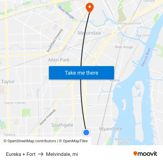 Eureka + Fort to Melvindale, mi map