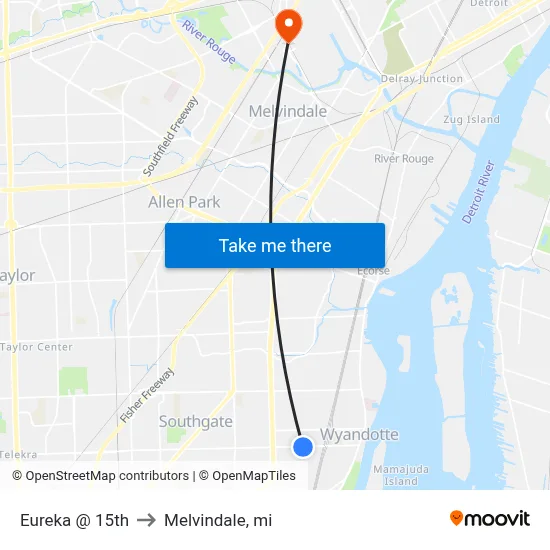 Eureka @ 15th to Melvindale, mi map