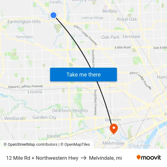 12 Mile Rd + Northwestern Hwy to Melvindale, mi map