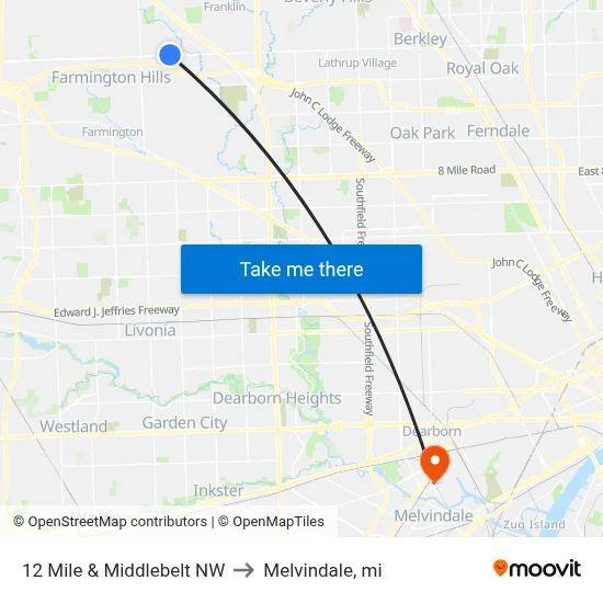 12 Mile & Middlebelt NW to Melvindale, mi map