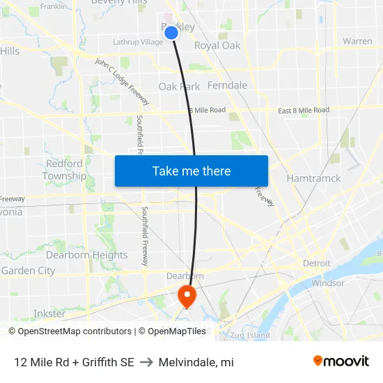 12 Mile Rd + Griffith SE to Melvindale, mi map
