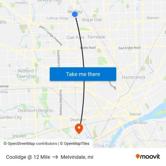 Coolidge @ 12 Mile to Melvindale, mi map