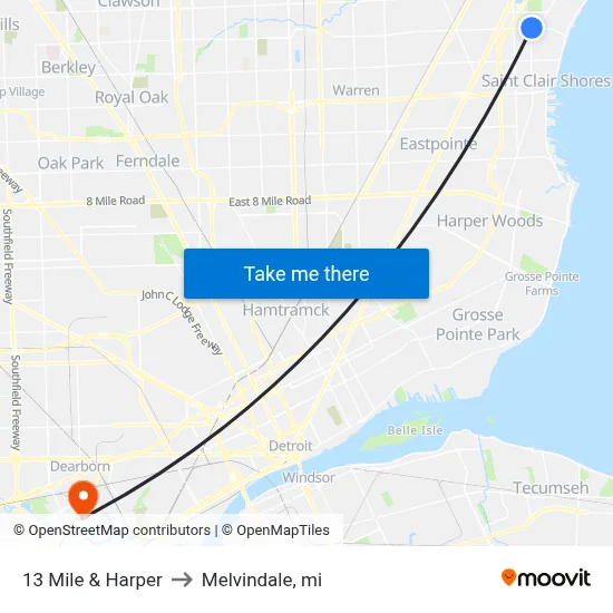 13 Mile & Harper to Melvindale, mi map