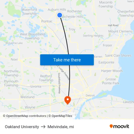 Oakland University to Melvindale, mi map