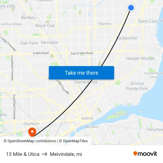 13 Mile & Utica to Melvindale, mi map