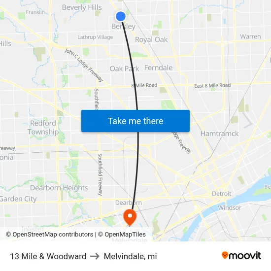 13 Mile & Woodward to Melvindale, mi map