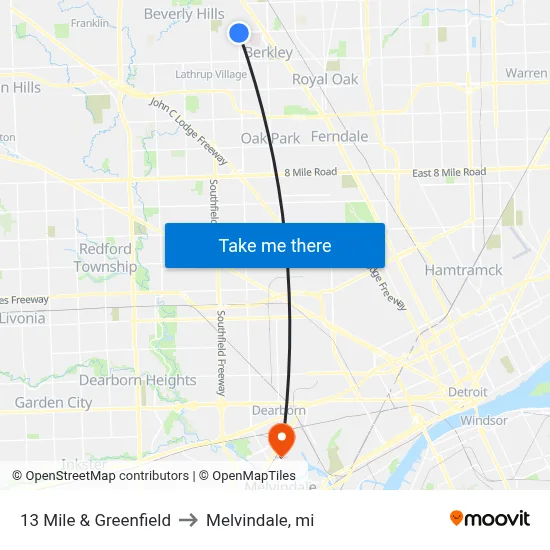 13 Mile & Greenfield to Melvindale, mi map