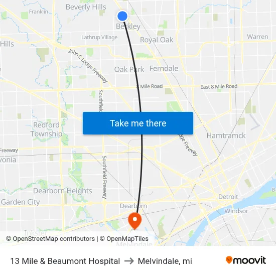 13 Mile & Corewell Beaumont Hospital to Melvindale, mi map