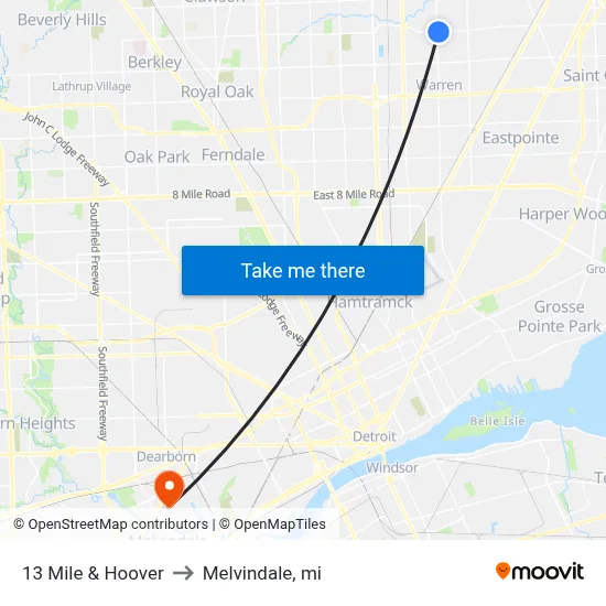 13 Mile & Hoover to Melvindale, mi map